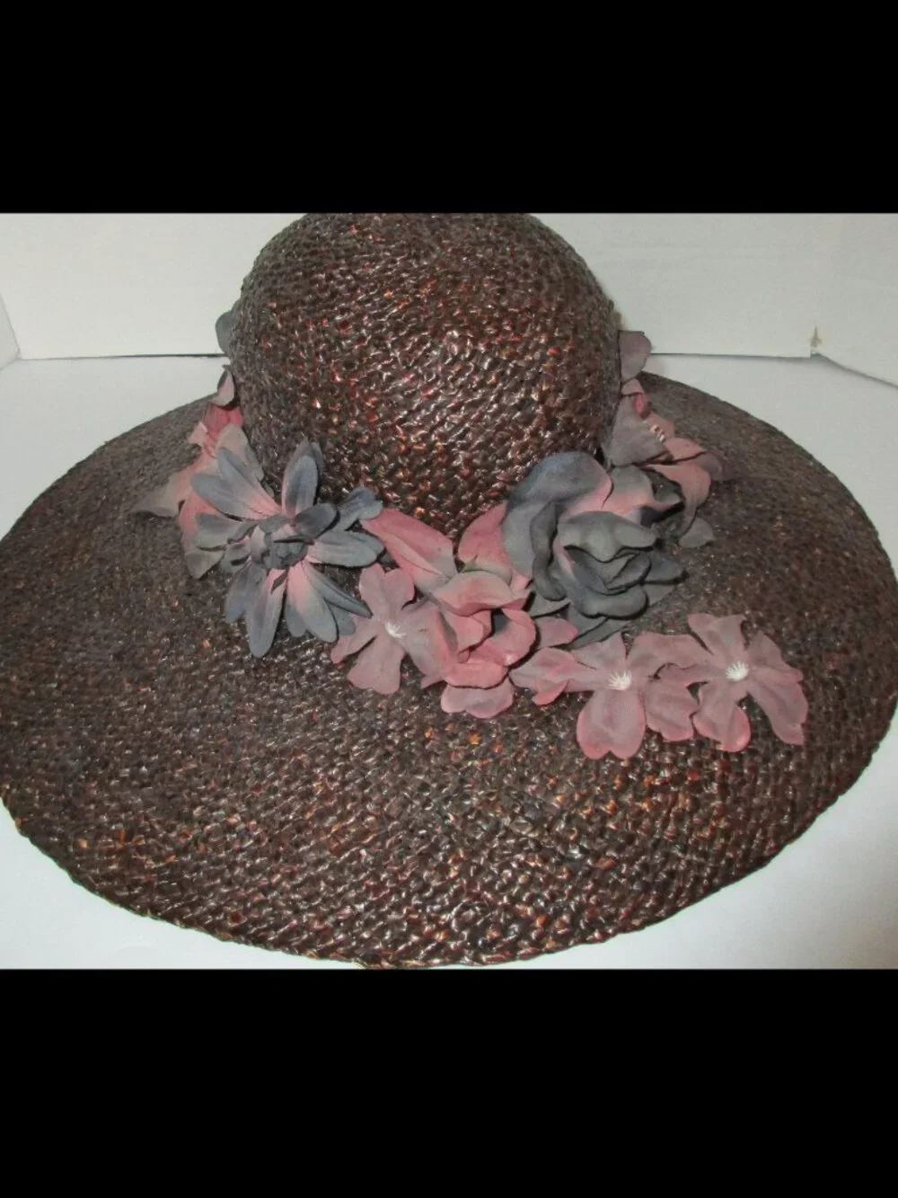 Vintage 1950s Dilly Brown Straw Wide Brim Cartwheel Sun Hat Trimmed w/Flowers